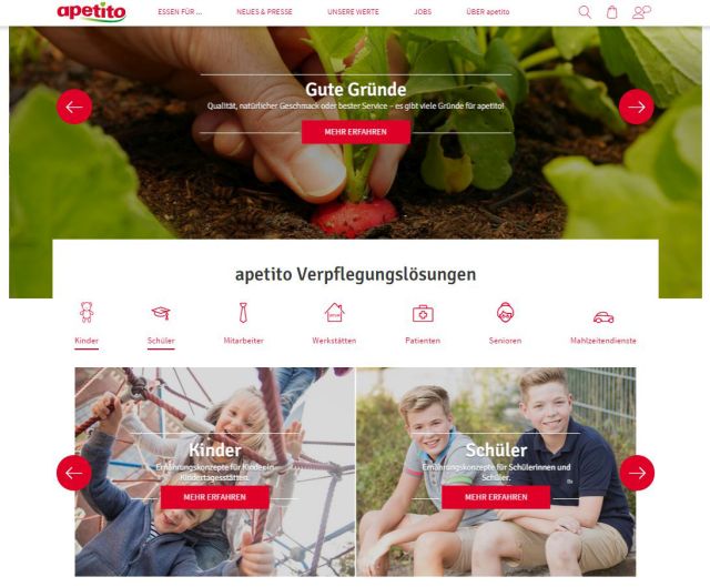 Die neue Apetito-Webseite bietet dem Besucher einen guten Überblick über die verschiedenen Apetito-Märkte und Themen. Foto: Apetito